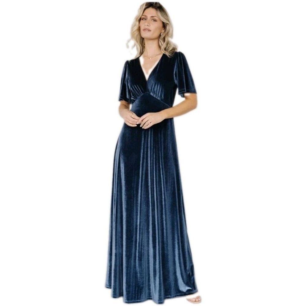 Baltic Born Dusty Blue Vivian Velvet Maxi Dress V Neck 3/4 Sleeve Women Sz S EUC